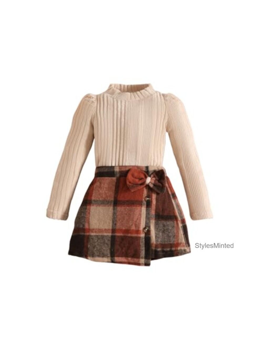 Toddler Girls Plaid Skirt Set Long Sleeve Knit Shirt Fall Winter Outfit